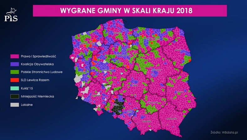 "Wygrane gminy w skali kraju 2018" - jedna z map pokazana przez PiS