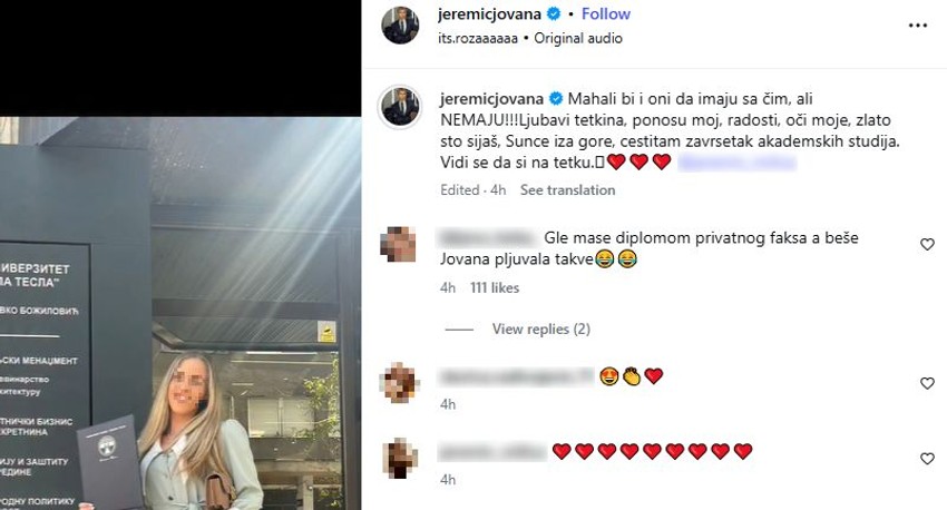 Jovana Jeremić, objava