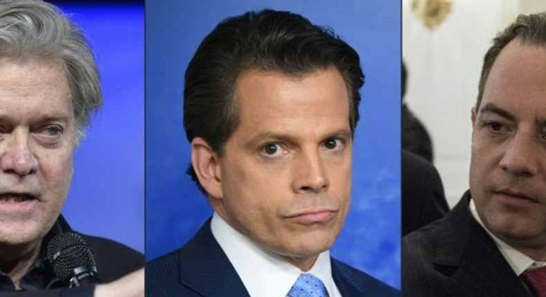 Early casualties of the trump administration: chief strategist Steve Bannon, communications director Anthony Scaramucci, and chief of staff Reince Priebus.