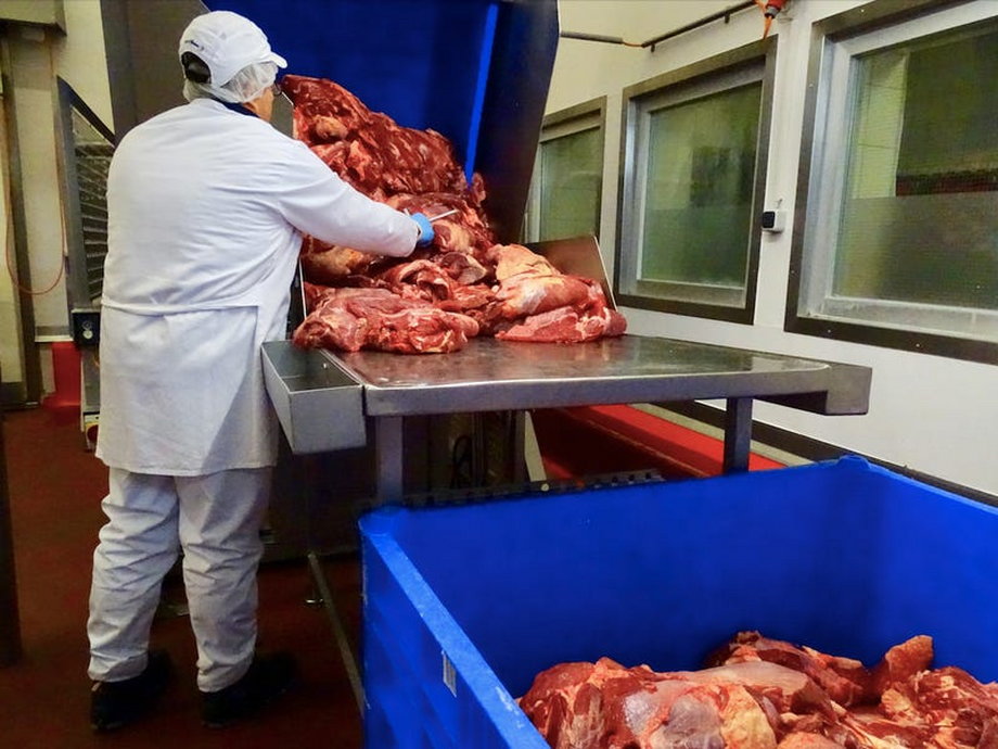 Pierwszym widokiem, jaki nam się ukazał, jest kontrola mięsa, które przyjechało do fabryki.