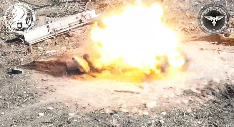 A Russian drone explodes after being hit by a Ukrainian drone.Ukrainian 47th Separate Mechanized Brigade/Screengrab via Telegram