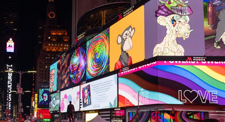 Bored Ape Yacht Club NFTs in Times Square during an NFT conference in June.Noam Galai/Getty Images