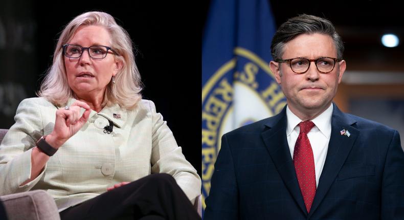 Former Rep. Liz Cheney of Wyoming, left, and House Speaker Mike Johnson of Louisiana.Andy Kropa/Invision/AP; AP Photo/J. Scott Applewhite