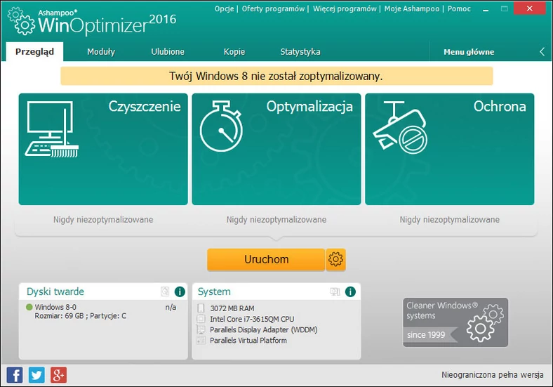 Główne okno programu do optymalizacji komputerów z Windows - Ashampoo WinOptimizer 2016