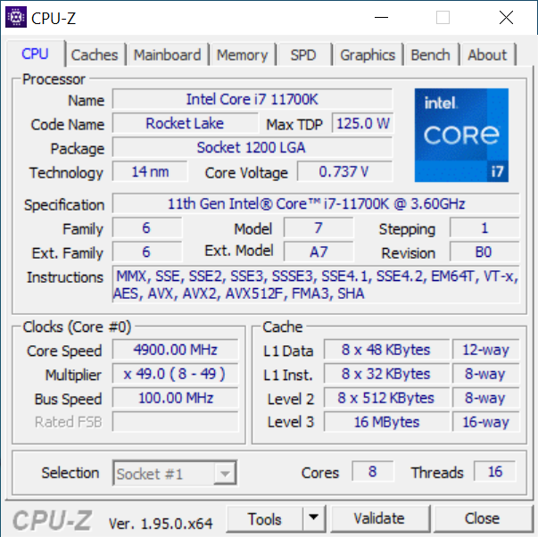 Intel Core i7-11700K – specyfikacja procesora w CPU-Z 