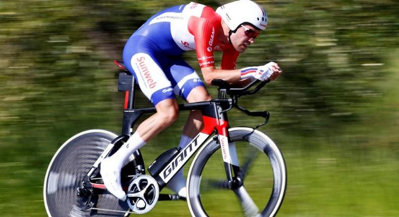 Dutch cyclist Tom Dumoulin from Team Sunweb rides during the 10th stage, an individual time-trial between Foligno and Montefalco during the 100th Giro d'Italia, Tour of Italy on May 16, 2017 in Montefalco