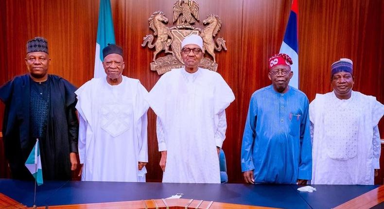 Kashim Shettima, Vice Presidential candidate of the APC, Adamu Abdullahi, APC National Chairman, President Muhammadu Buhari, Bola Tinubu, the presidential candidate of the party, and Simon Lalong, Governor of Plateau State and Director-General of the APC campaign for the 2023 elections. (Presidency)