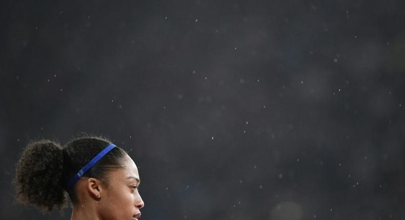 US athlete Allyson Felix reacts after finishing third in the final of the women's 400m athletics event at the 2017 IAAF World Championships at the London Stadium in London on August 9, 2017