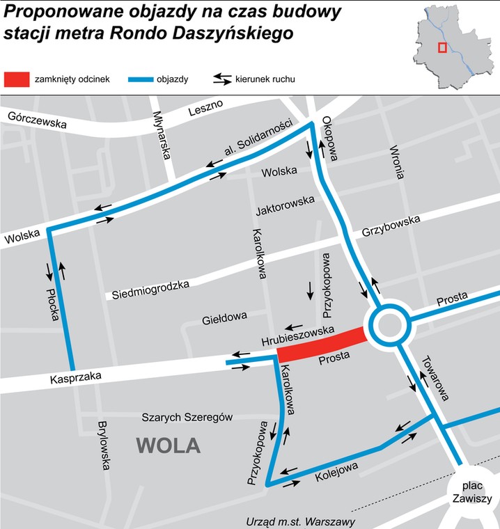 Proponowane objazdy ronda Daszyńskiego (1). (fot. materiały prasowe Urzędu Miasta Stołecznego Warszawy)