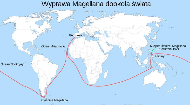 Podróż Magellana na mapie. Opracowanie: MesserWoland i Petr Dlouhý.