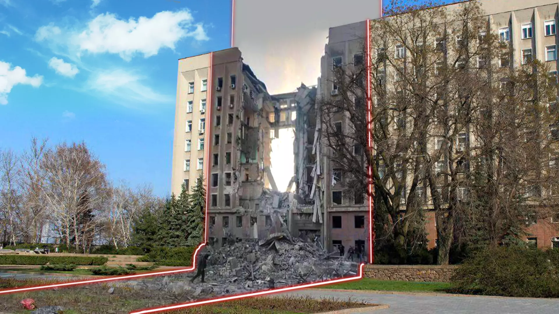 Grafiki przed i po pokazują skalę zniszczeń. "Gdy to się skończy, odbudujemy miasta"