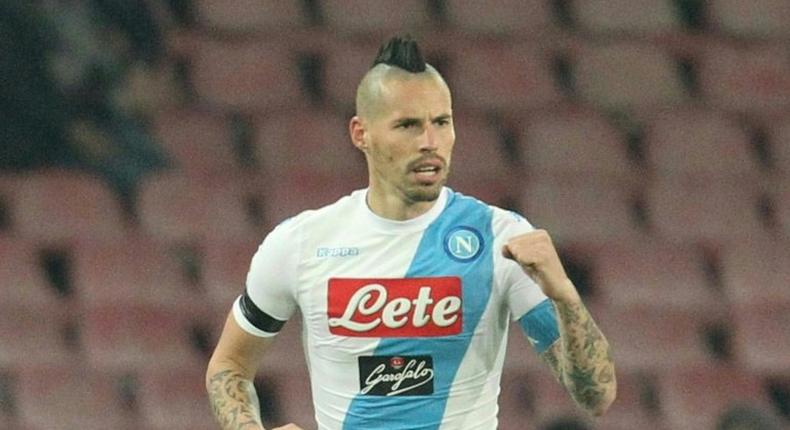 Napoli's midfielder from Slovakia Marek Hamsik celebrates scoring against Inter Milan on December 2, 2016