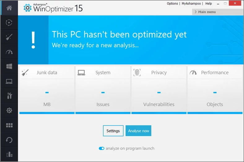 Główne okno programu do optymalizacji systemów operacyjnych Windows - Ashampoo WinOptimizer 15