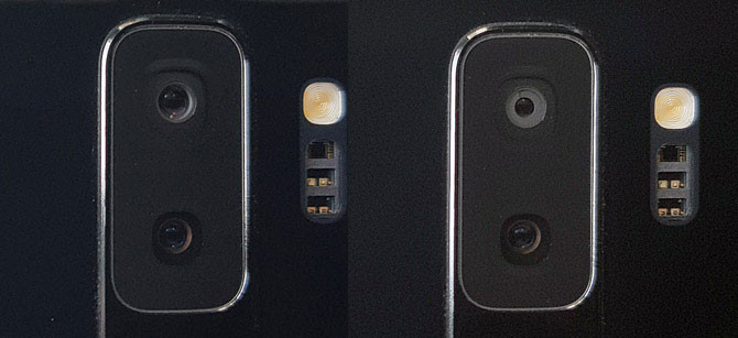 Zmianę ustawienia przysłony aparatu możemy obserwować gołym okiem, obraz po lewej ukazuje moduł aparatu w ustawieniu f/1.5, po prawej - f/2.4.