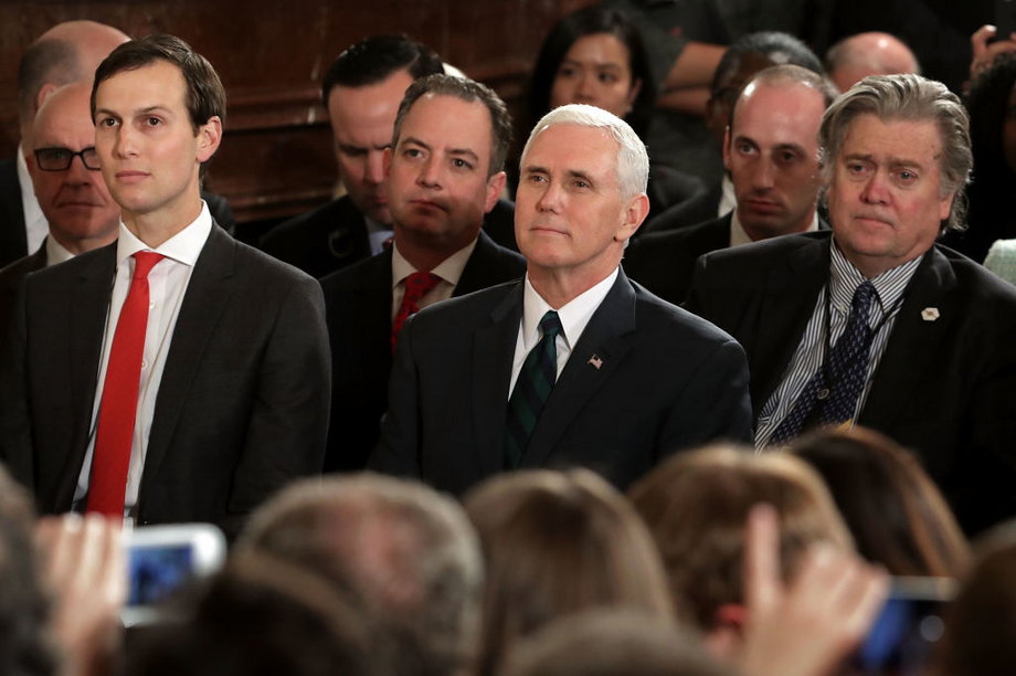 From left: senior adviser Jared Kushner, Chief of Staff Reince Priebus, Vice President Mike Pence, policy adviser Stephen Miller and Chief Strategist Steve Bannon.
