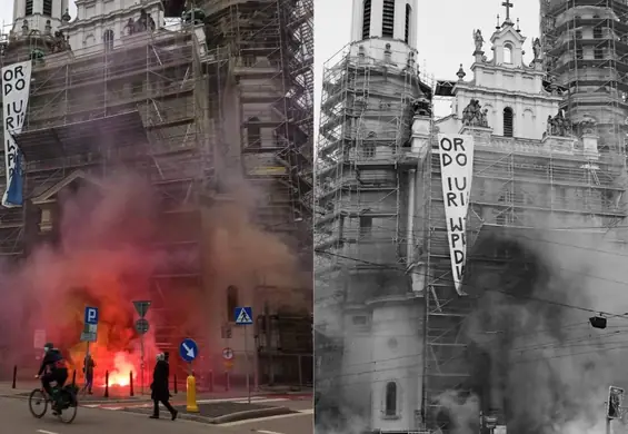 Protesty w Warszawie. "Ordo Iuris wypier****ć" - wielki baner przed kościołem na pl. Zbawiciela