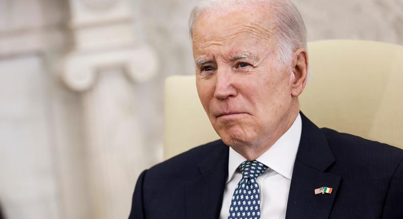 Joe Biden speaks to journalists before a meeting with Irish Taoiseach Leo Varadkar in the Oval Office of the White House on March 17, 2023.Anna Moneymaker/Getty Images