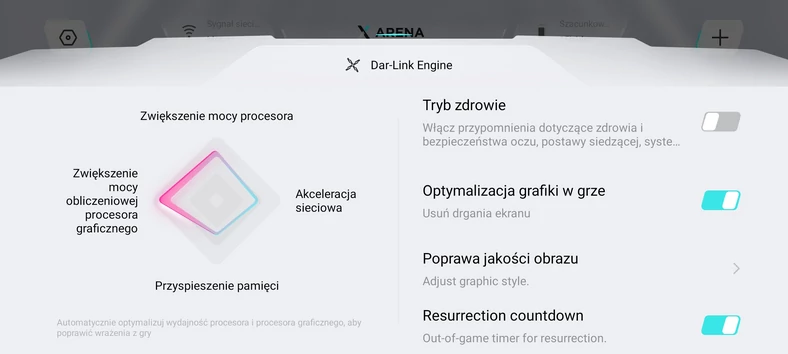Ustawienia parametrów pracy gry oraz całego smartfonowego środowiska w aplikacji XArena