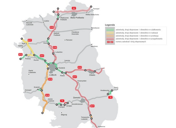 Mapa Stanu Budowy Dróg - lubelskie, źródło: GDDKiA