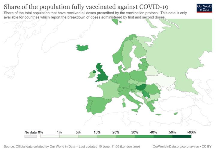 Szczepienia przeciw COVID-19 w Europie. Odsetek w pełni szczepionych
