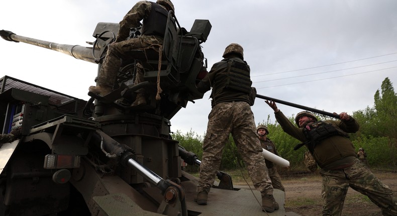 Gunners from 43rd Separate Mechanized Brigade of the Armed Forces of Ukraine fire at a Russian position with a 155 mm self-propelled howitzer 2C22 Bohdana, in the Kharkiv region, on April 21, 2024, amid the Russian invasion in Ukraine.ANATOLII STEPANOV/AFP via Getty Images