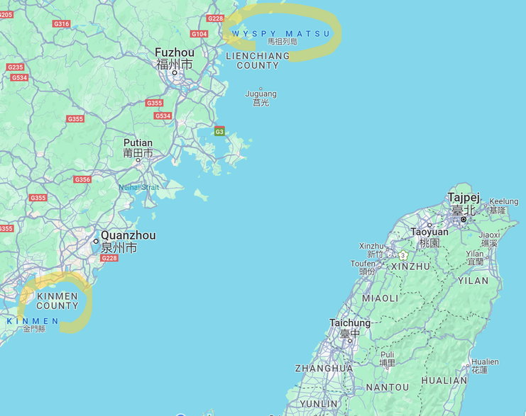 Matsu i Kinmen leżą na chińskiej linii brzegowej, ale przynależą do Tajwanu (Republiki Chińskiej)