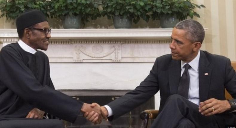 U.S. President Barack Obama meets with Nigerian President Muhammadu Buhari (L) in the Oval Office of the White House in Washington July 20, 2015.