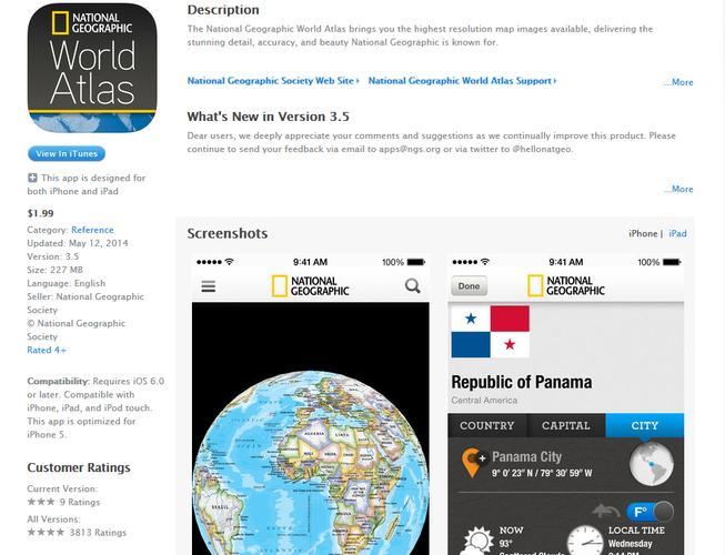 <b>National Geographic World Atlas</b>
<br><br>
Multimedialny atlas od National Geographic to niezastąpione narzędzie dla żądnych wiedzy - nie tylko na lekcjach geografii. Znajdziemy tu mnóstwo przydatnych informacji, ciekawe wykresy, a także znakomite zdjęcia. Korzystanie z tej aplikacji to czysta przyjemność.