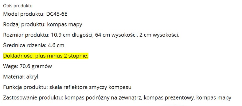 Screen z opisu kompasu DC45-6E na stronie aukcyjnej Aliexpress.com. Na żółto zaznaczona dokładność kompasu "plus minus 2 stopnie"