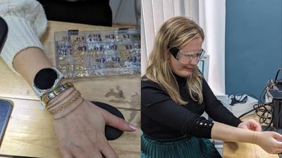 A permanent jewelry artist's bracelets are photographed, left, and the author getting a permanent bracelet, right.Mikhaila Friel/Insider