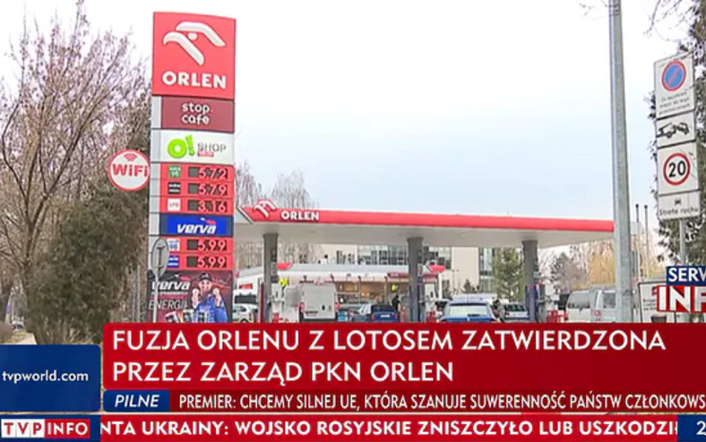 Ceny na Orlenie pokazane w TVP Info 2 czerwca 2022 r., screen z programu