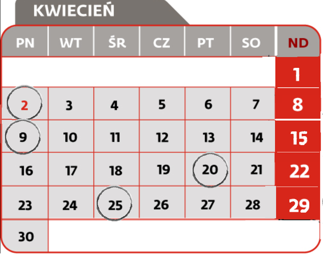 <strong>2 kwietnia</strong>

<br>Termin złożenia deklaracji VAT-11 - osoby fizyczne, osoby prawne lub jednostki organizacyjne niemające osobowości prawnej, niebędące podatnikami VAT i niemające obowiązku składania deklaracji VAT-7, VAT-7K lub VAT-7D, dokonujące WDT nowego środka transportu

<br>Termin złożenia deklaracji: CIT-8, CIT-8A, CIT-8B, chyba że rok podatkowy nie jest rokiem kalendarzowym
<br>Termin złożenia przez płatnika informacji: IFT-2/IFT-2R
<br>Termin złożenia informacji CIT-D, sprawozdania z realizacji uznanej metody ceny transakcyjnej, chyba że rok podatkowy nie jest rokiem kalendarzowym<br><br>
<strong>9 kwietnia</strong>
<br>Termin złożenia deklaracji CIT-7
<br>Termin przekazania przez płatnika, o którym mowa w art. 26 ust 1 CIT, pobranego zryczałtowanego podatku
<br>Termin przekazania przez płatnika podatku od należności wypłaconych osobom niemającym w RP miejsca zamieszkania/siedziby z tytułu art. 21 ust 1 i art. 22 ust 1 CIT
<br>Termin płatności podatku w formie karty podatkowej
<br>Termin wpłaty pobranego przez płatnika podatku PCC, SD
<br>Termin złożenia przez płatnika deklaracji: PCC-2, SD-2
<strong>20 kwietnia </strong>
<br>termin złożenia deklaracji VIN-D, VIU-D
<br>termin złożenia informacji CIT-ST
<br>Termin płatności zaliczki CIT
<br>Termin płatności zaliczki CIT w formie uproszczonej
<br>termin złożenia informacji CIT-ST (zaliczki płacone kwartalnie)
<br>Termin płatności zaliczki PIT wg skali podatkowej
<br>Termin płatności zaliczki PIT podatek liniowy
<br>Termin płatności zaliczki PIT w formie uproszczonej
<br>Termin płatności zaliczki PIT przez podatników uzyskujących dochody bez pośrednictwa płatnika
<br>Termin płatności ryczałtu od przychodów ewidencjonowanych
<br>Termin wpłaty pobranych przez płatnika zaliczek PIT i zryczałtowanego podatku PIT od kwot wypłaconych
<br>Termin płatności zaliczki PIT kwartalnej
<br>Termin płatności ryczałtu od przychodów ewidencjonowanych kwartalnego
<br>Termin płatności ryczałtu od przychodów osób duchownych<br><br>
<strong>25 kwietnia</strong>
<br>Termin złożenia informacji VAT-27
<br>Termin złożenia deklaracji VAT-7
<br>Termin złożenia deklaracji VAT-8 - przy wewnątrzwspólnotowym nabyciu powyżej 10000 Euro
<br>Termin złożenia deklaracji VAT-9M
<br>Termin złożenia deklaracji VAT-12 w zakresie usług taksówek osobowych opodatkowanych w formie ryczałtu
<br>Termin złożenia deklaracji VAT-13 - rozliczenie transakcji wewnątrzwspólnotowych dostaw towarów podatników, którego dokonuje przedstawiciel podatkowy w imieniu własnym i na rzecz podatników
<br>Termin złożenia deklaracji VAT-7D
<br>Termin złożenia deklaracji VAT-7K - mali podatnicy
<br>Termin złożenia deklaracji VAP-1
<br>Termin płatności podatku VAT
<br>termin płatności podatku VAT kwartalnie
<br>termin złożenia deklaracji VAT-UE WYŁĄCZNIE drogą elektroniczną