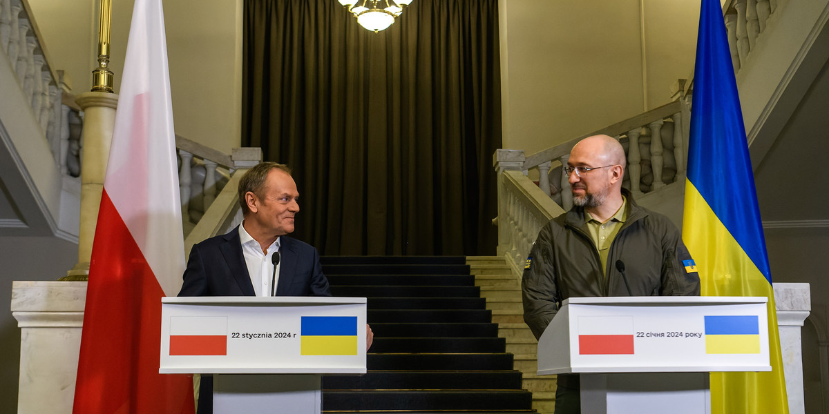 Denys Szmyhal i Donald Tusk po rozmowach w Kijowie