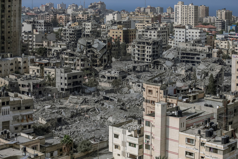 Widok na zbombardowaną Gazę, 23 października 2023 r.