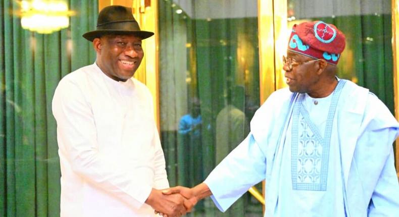 R-L : President Bola Tinubu receives former President Goodluck Jonathan at the State House, Abuja on Tuesday, July 18,  2023. [Tribune]
