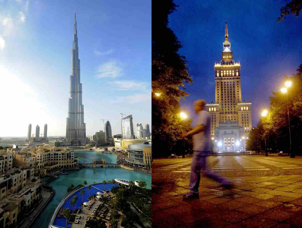 Pałac Kultury i Nauki w Warszawie oraz najwyższy wieżowiec świata Burj Khalifa w Dubaju.