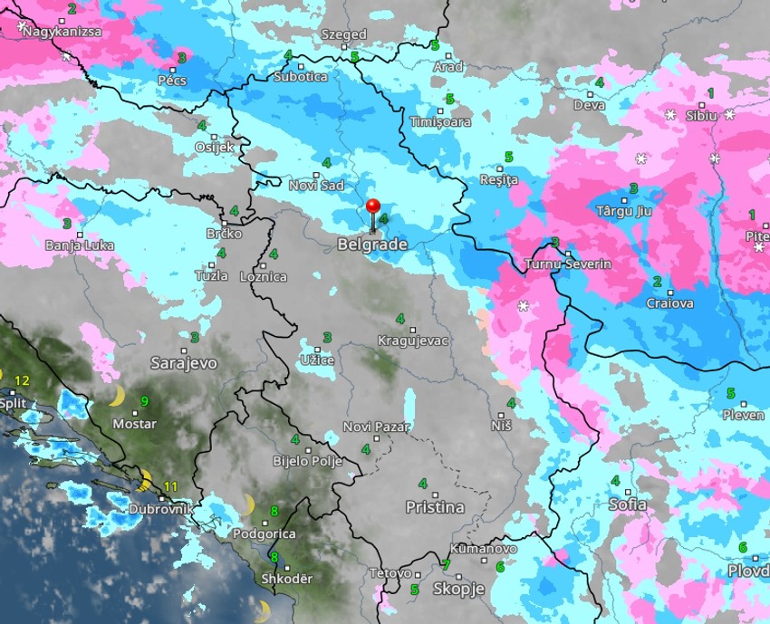 Kretanje padavina u Srbiji u 17 časova 