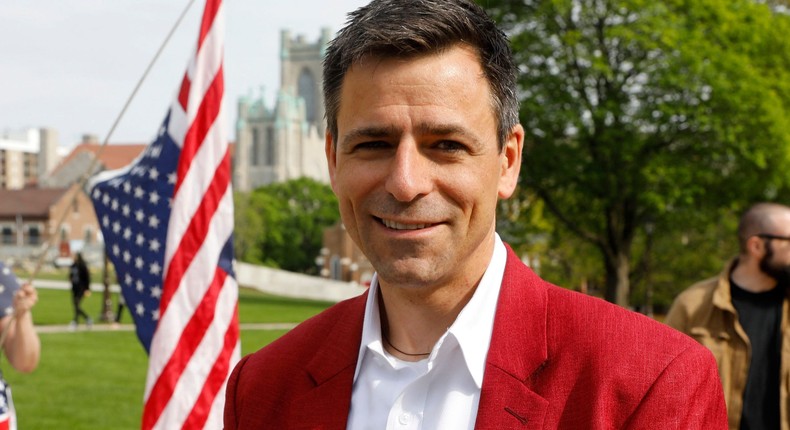 Ryan Kelly, Republication candidate for Governor, attends a Freedom Rally in support of First Amendment rights and to protest against Governor Gretchen Whitmer, outside the Michigan State Capitol in Lansing, Michigan on May 15, 2021.