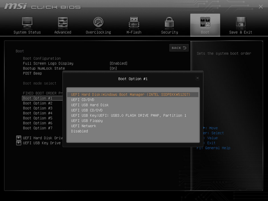 MSI – UEFI – Boot Order – lista nośników