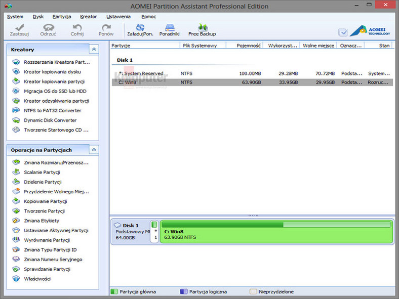 Główne okno programu do optymalizacji Windows - AOMEI Partition Assistant Professional Edition