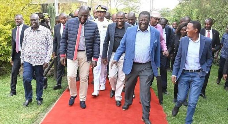 President William Ruto (center) his deputy Rigathi Gachagua, ANC Party leader Musalia Mudavadi and other Kenya Kwanza leaders in Naivasha