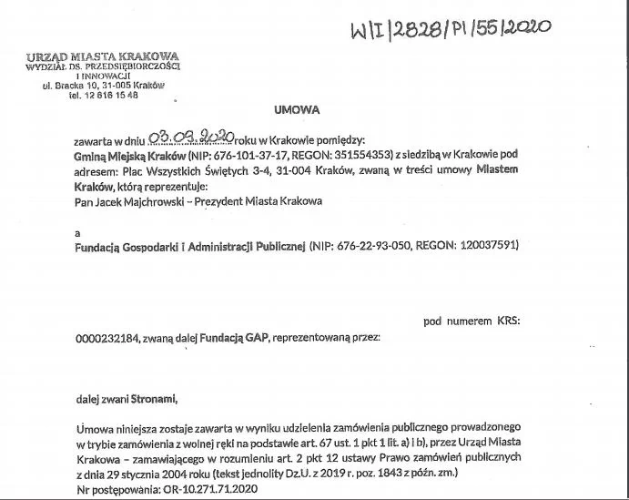 Fragment umowy zawartej przez prezydenta Majchrowskiego