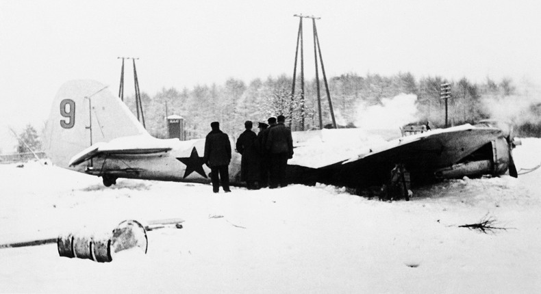 A Soviet bomber downed by Finnish anti-aircraft guns on the Karelian front on January 3, 1940.