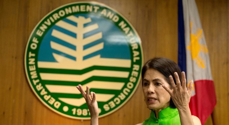 Philippine Environment Secretary Regina Lopez, who was sacked on May 3, 2017, gestures during an interview on February 22, 2017