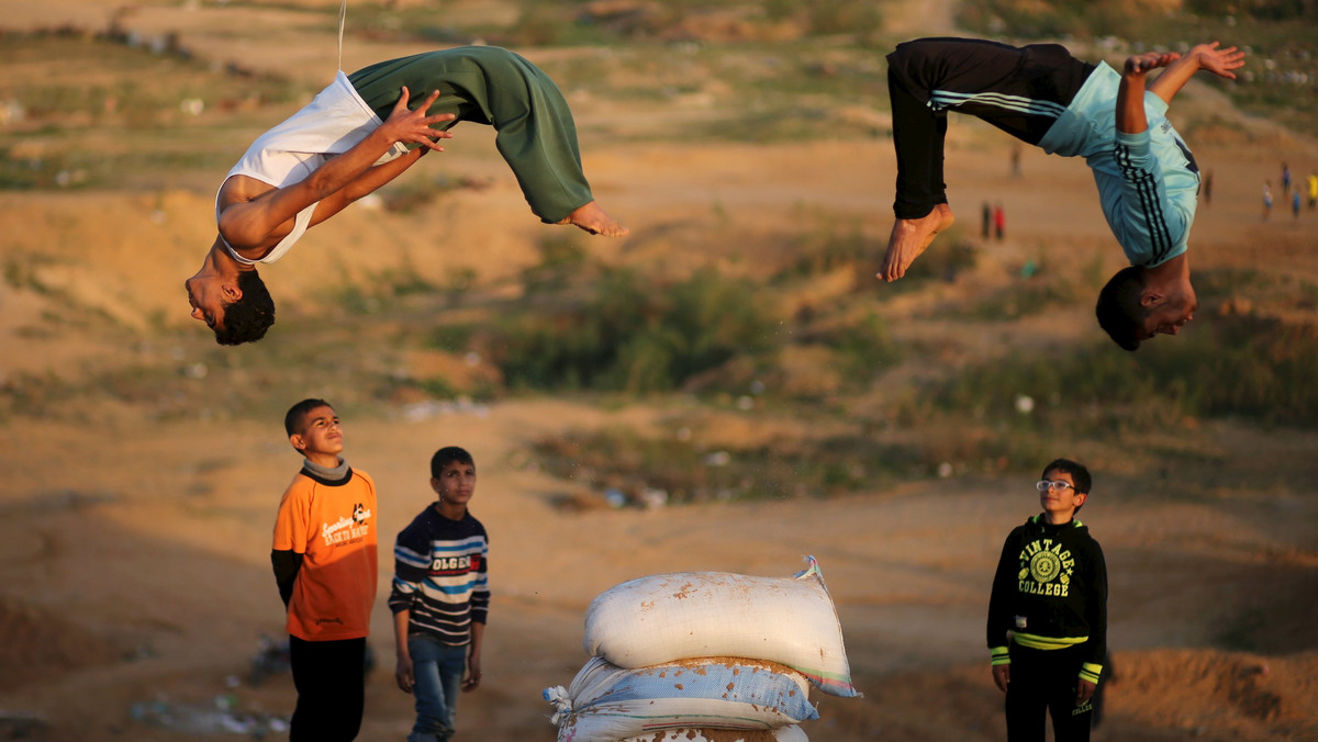 Palestinian boys demonstrate their parkour skills in Gaza City
