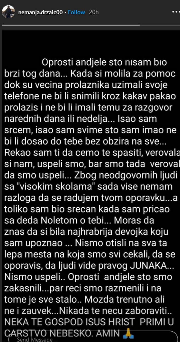 Poruka na Instagramu Nemanje Držaića