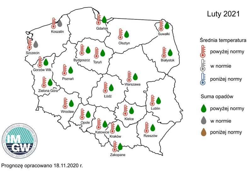 Prognoza średniej miesięcznej temperatury i miesięcznej sumy opadów na luty 2021 r.