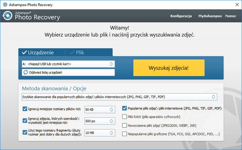 Główne okno programu do odzyskiwania zdjęć cyfrowych - Ashampoo Photo Recovery