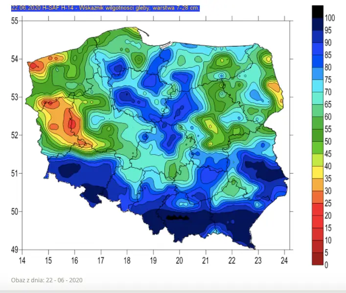 Wilgotność gleby w warstwie 7 - 28 cm / źródło: stopsuszy.imgw.pl 