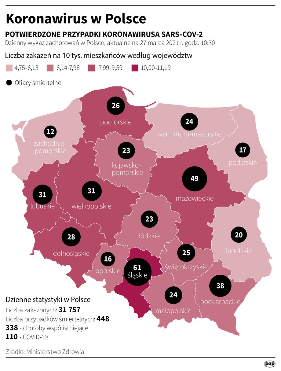 Epidemia COVID-19 w Polsce. Dane z 27 marca 2021 r. 